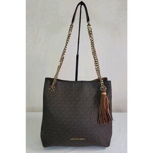 Michael Kors Jet Set Tassel Chain Tote MK Signature Brown Leather Shoulder Bag